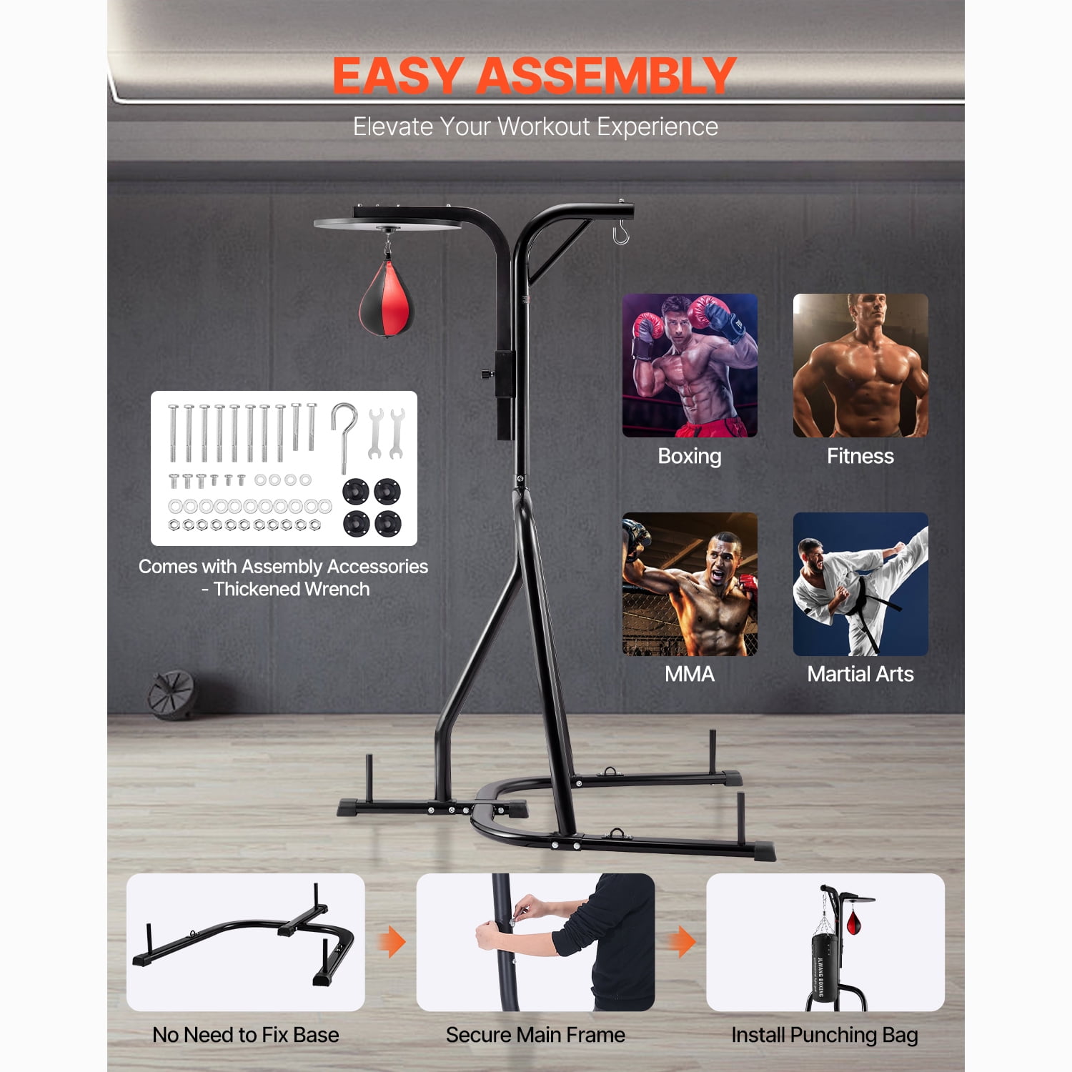 KFFKFF Dual-Function Punch Bag Stand, Robust Steel Exercise Gear, Modifiable Elevation for Boxing Bag and Speed Bag Stand, Independent Sandbag Rack, Can Support Up to 140 lbs