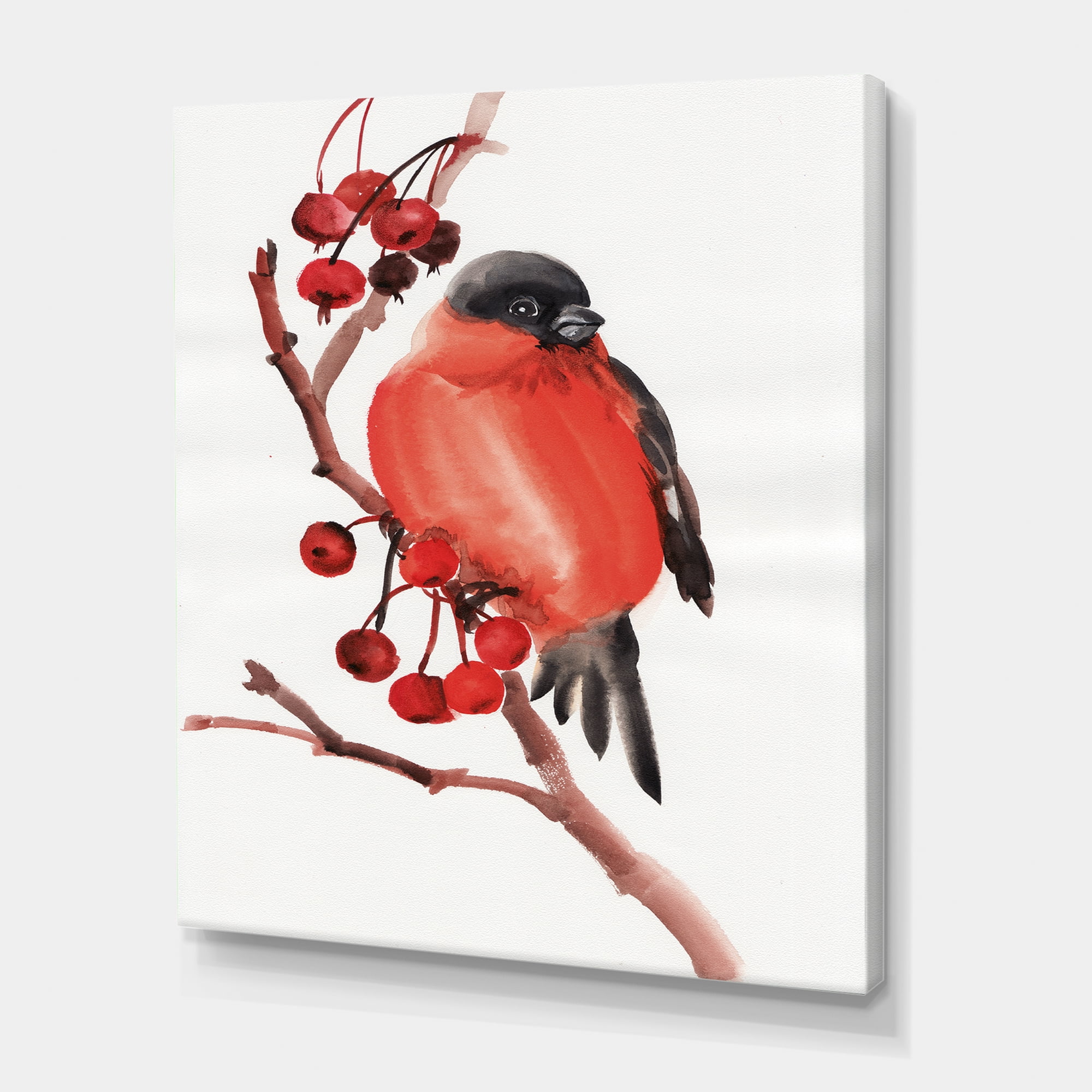 Designart ' Red Bullfinch Bird Sitting On A Branch With Berries ' Traditional Canvas Wall Art Print