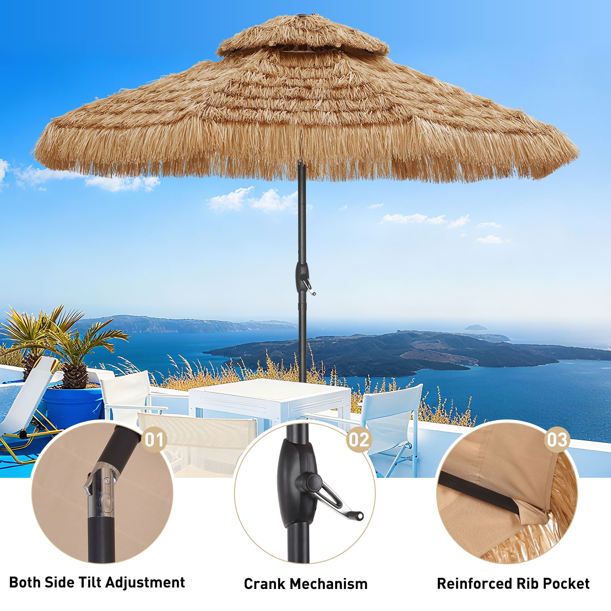 Autlaycil 9 ft Hula Tiki Outdoor Umbrella, 2-Tier Thatched Beach Umbrella, Pool, Patio, Yard, Garden