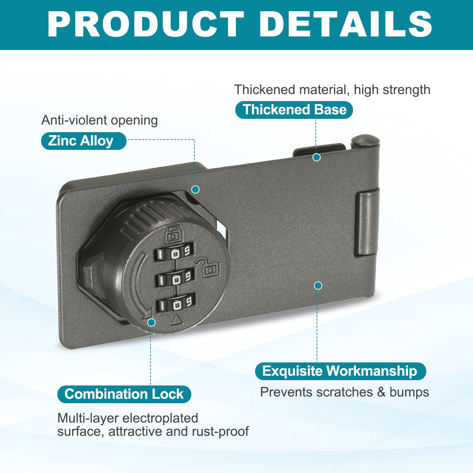 Uxcell Password Rotary Hasp Lock (4", Gray) (2 Pcs), Keyless 3-Digit Cabinet Locks with Combination Security Slide Latch, Suit For- Door/Closet/Barn/Bathroom/Outdoor/Garden