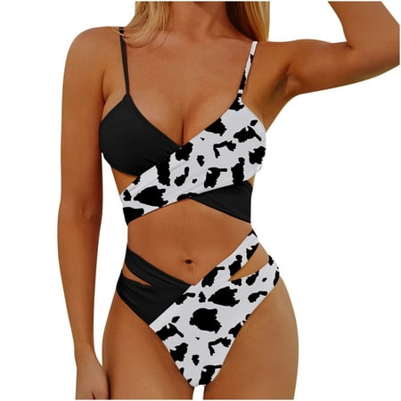 Summer Clearance Sale 2024!TMOYZQ Sexy Color Block Bikini Sets for Women  High Cut Brazilian Swimsuits Set with Cutout Strappy Bottom 2 Piece Bathing Suits Swimwear