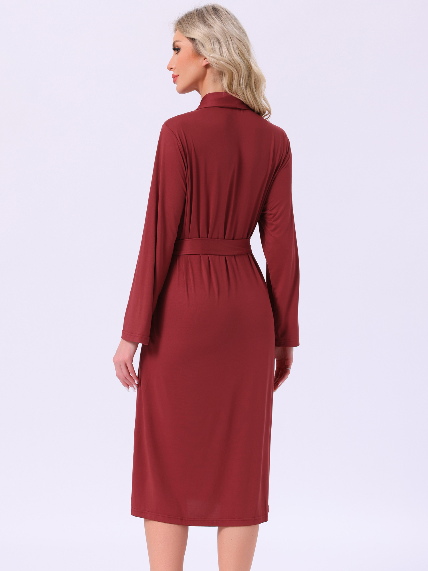 DARING DIVA Long Sleeve V-neck Kimono Midi Loungewear Bathrobe M Wine Red