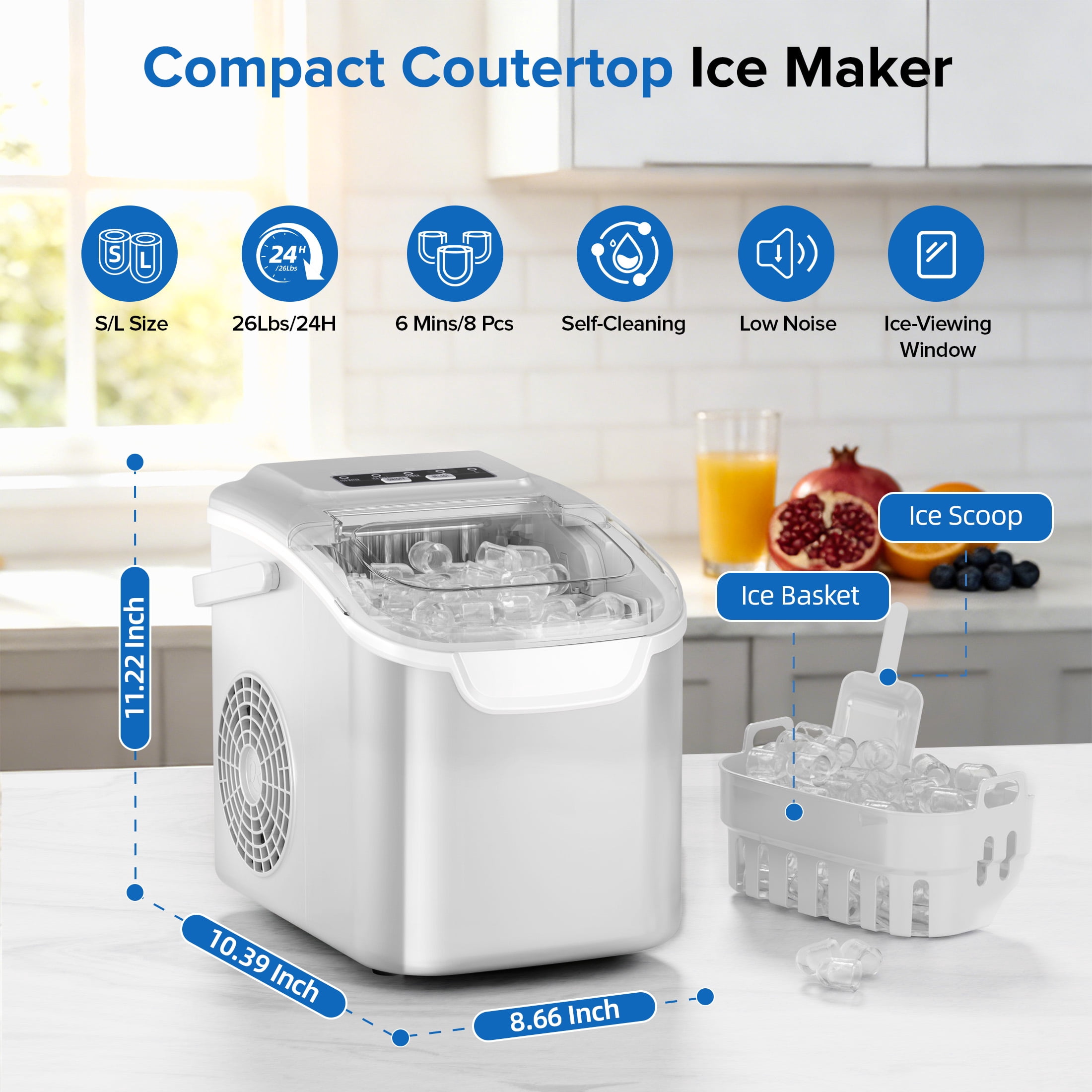Auseo Countertop Ice Maker, 2 Sizes of Bullet Ice, 26Lbs/24H, 8 Ice Cubes in 6 Mins, Portable Ice Machine with Self-Cleaning for Home/Party/Travel/Camping (White)