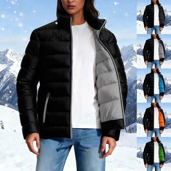 HBGVBA Winter Coats for Women, Women's Down Jackets Solid Color Pocket Zip Up Stand Collar Cotton Coat Stylish Casual Warm Winter Clothing