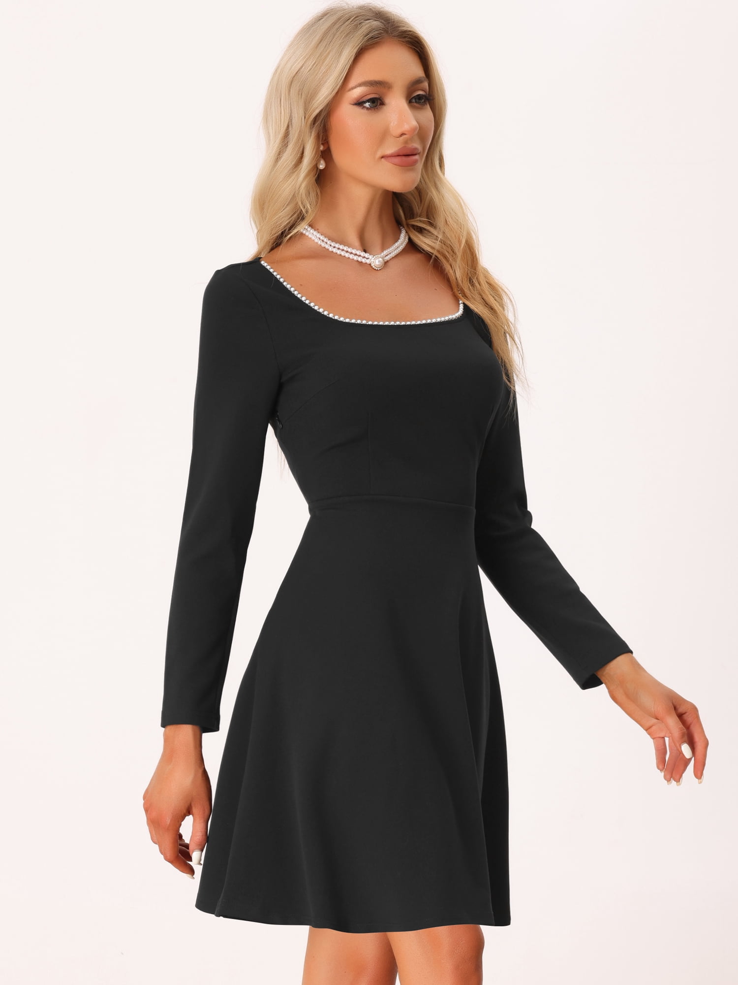 DARING DIVA Beaded Long Sleeve High Waist Flared Dress L Black