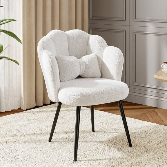 melmine Petal Makeup Vanity Chair with Bow Pillow Flower Cute Girls Desk Chair with Back Accent Chair No Wheels, White