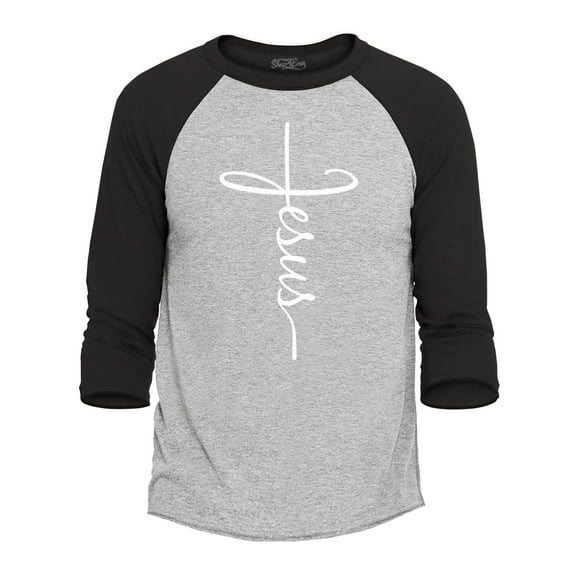 Shop4Ever Men's Jesus Cross Raglan Baseball Shirt XXX-Large Heather Grey/Black