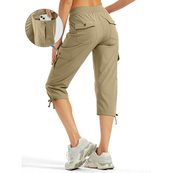 Women's Cargo Capris Hiking Pants Lightweight Quick Dry Outdoor Athletic Travel Casual Loose Comfy Cute Pockets Deciduous Green L