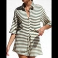 thumbnail image 4 of Conjunto de Verano para Mujer: Camisa de Rayas de Algodón y Pantalones Cortos, Dos Piezas Verde XL, 4 of 10
