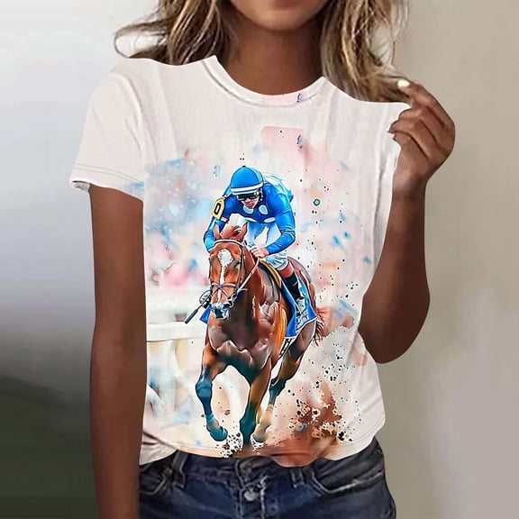 VKOYWKM Womens Horse Racing Tops Funny Horse Print Short Sleeve T Shirts Loose Fit Crew Neck Comfy Blouse Dressy Casual Trendy T-Shirts