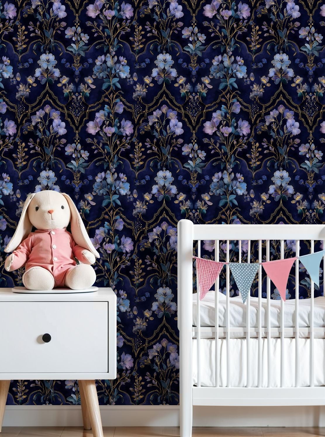 Boho Peel and Stick Wallpaper Elegant Blue Purple Floral Gold Accents Dark Wall Mural 23.6in x 9.8ft Self Adhesive Removable Wall Paper Renter Friendly Wallpaper for Nursery Bedroom Cabinets
