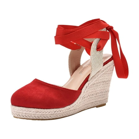 

Cathalem Women Bohemian Canvas Lace Up Sandals Thick Soled Ethnic Style Wedge Shoes Red 39
