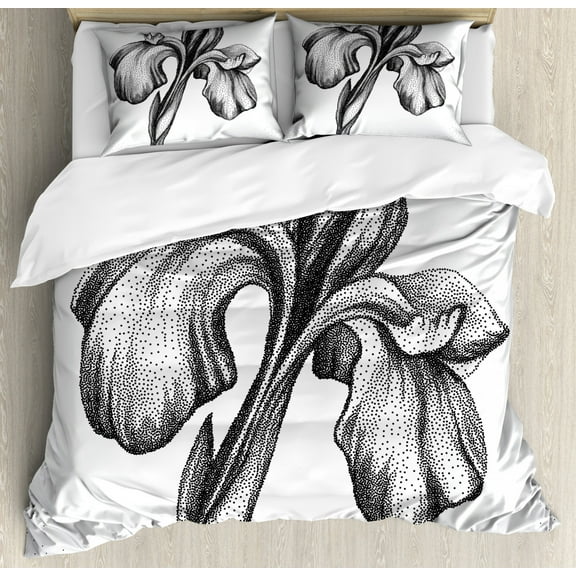 Floral Queen Size Duvet Cover Set, Dotwork Style Hand Drawn Lily Blooms Dramatic Vintage Botany Garden Pattern, Decorative 3 Piece Bedding Set with 2 Pillow Shams, Black and White, by Ambesonne