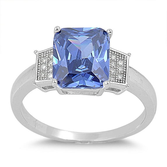 Rectangular Center Engagement Ring Simulated Tanzanite Cubic Zirconia Sterling Silver 925