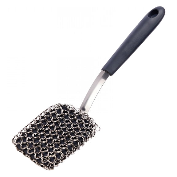 BPPEG Heavy Duty Chain Mail Grill Scrubber with Built-In Scraper – 360° Cleaning Power for BBQ Grates, Pots & Pans – Dishwasher Safe Stainless Steel Grill Brush with Long Handle