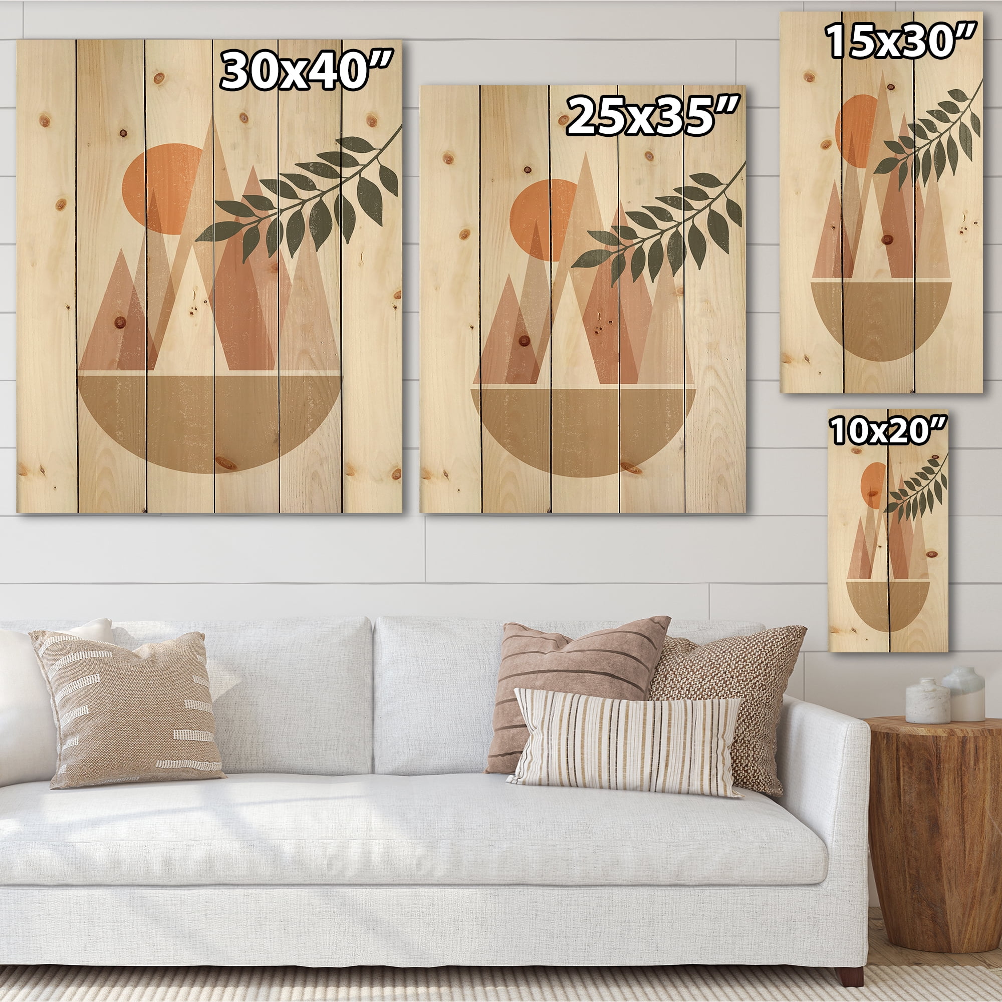 Designart 'Abstract Moon and Sun In Mountains II' Modern Print on Natural Pine Wood