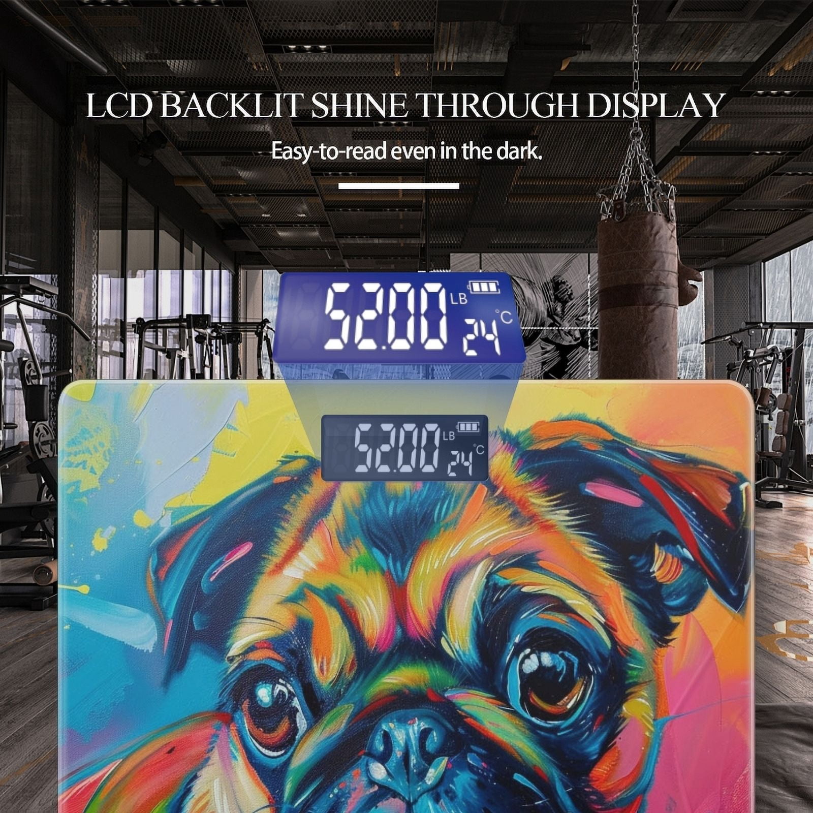 Bathroom Scale, Highly Accurate Digital Body Scale,Precisely Measures Weight up to 400 lbs-Pug With Vibrant Colors And Colorful Background