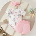 thumbnail image 3 of Hpapadks Baby Girl Outfit Short Sleeve Cartoon Bear Prints Romper Bowknot Shorts Hairband 3 Piece Set New Born Clothes Baby Girl Red 9-12 m, 3 of 7
