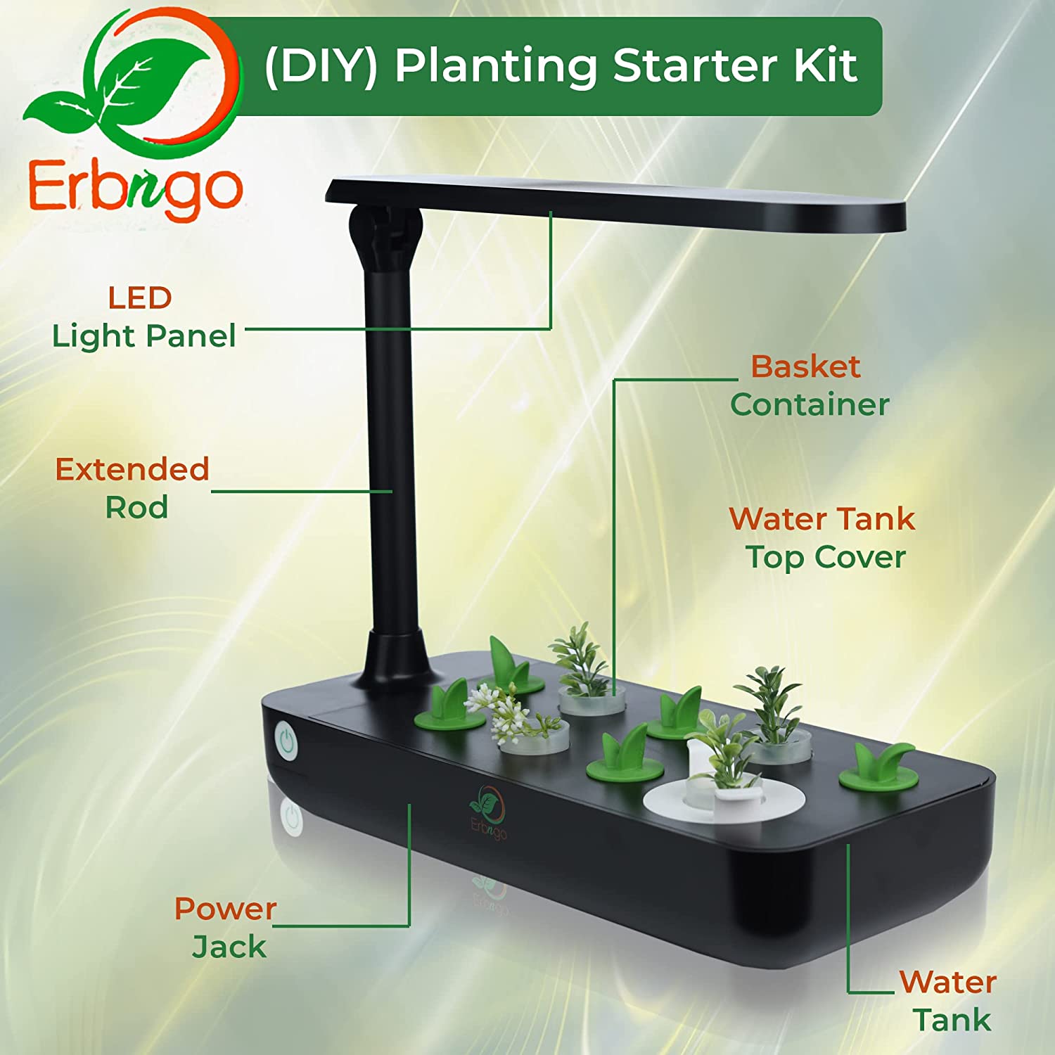 Erbngo Indoor Plant Growing System | Hydroponic Fresh Herb Garden Kit, Easy to Set Up, Extendable LED Full Spectrum Grow Lights for Plants and Photosynthesis, 9 Planting Slots, 3 Set-Up Steps, Black