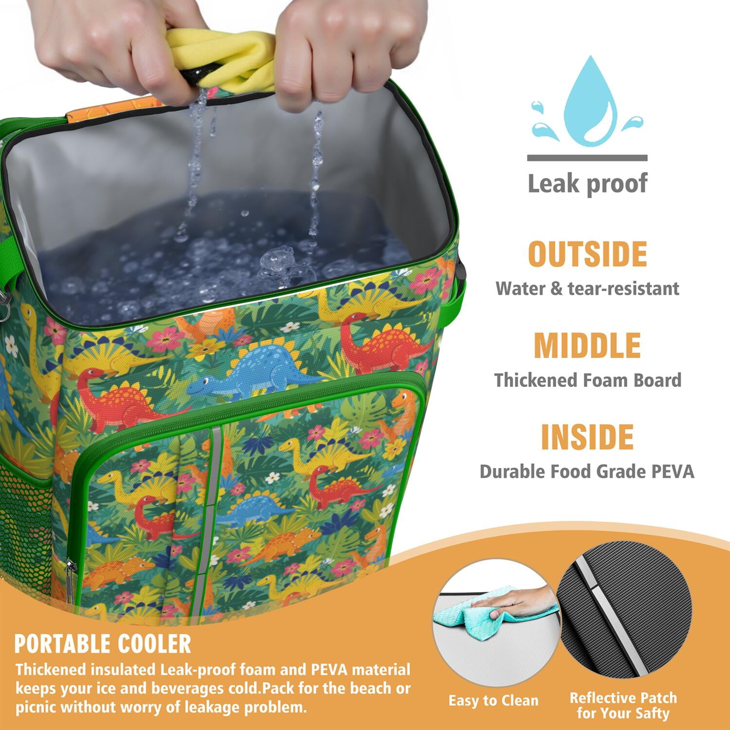 Travel Cooler Bag - Green Cartoon Dinosaurs Jungle Flowers Pattern Camping Beer Cooler Backpack with Bottle Opener- Waterproof Insulated Picnic Backpacks - Cooler Bag for Beach