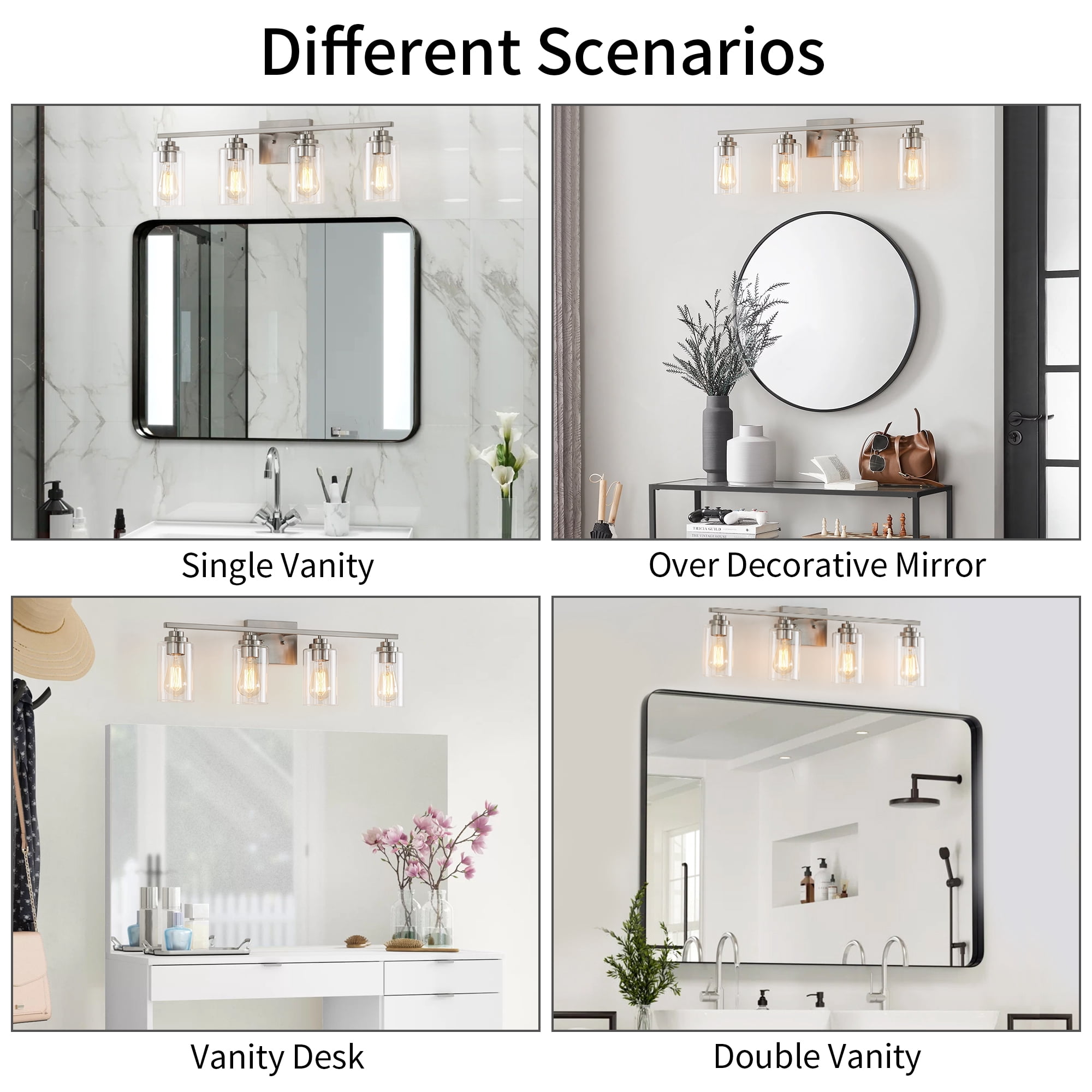 KAWOTI Modern 4-Light Vanity Light Fixtures over Mirror, Brushed Nickel Bathroom Lights with Clear Glass Shade