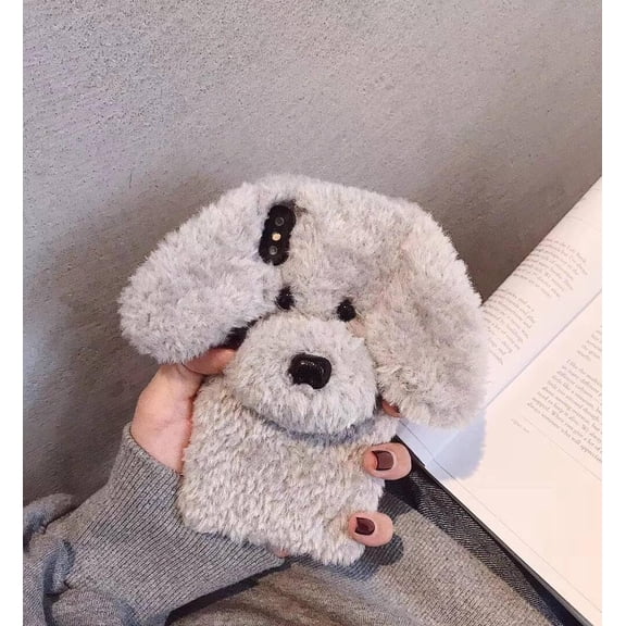 Compatible with iPhone XR Case Cute Plush Furry Dog Phone Case for Women Girls Girly 3D Cartoon Kawaii Case Soft TPU Shockproof Protective Cover Gray