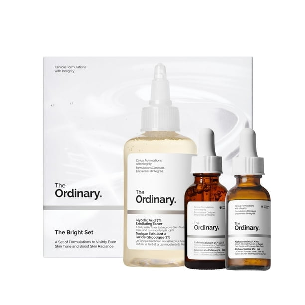The Ordinary The Bright TMA2 Set, 3-Step Regimen for Radiant, Even Skin Tone with Glycolic Acid 7% Exfoliating Toner, Alpha Arbutin 2% + HA, and Caffeine Solution 5% + EGCG | Skin Care Set