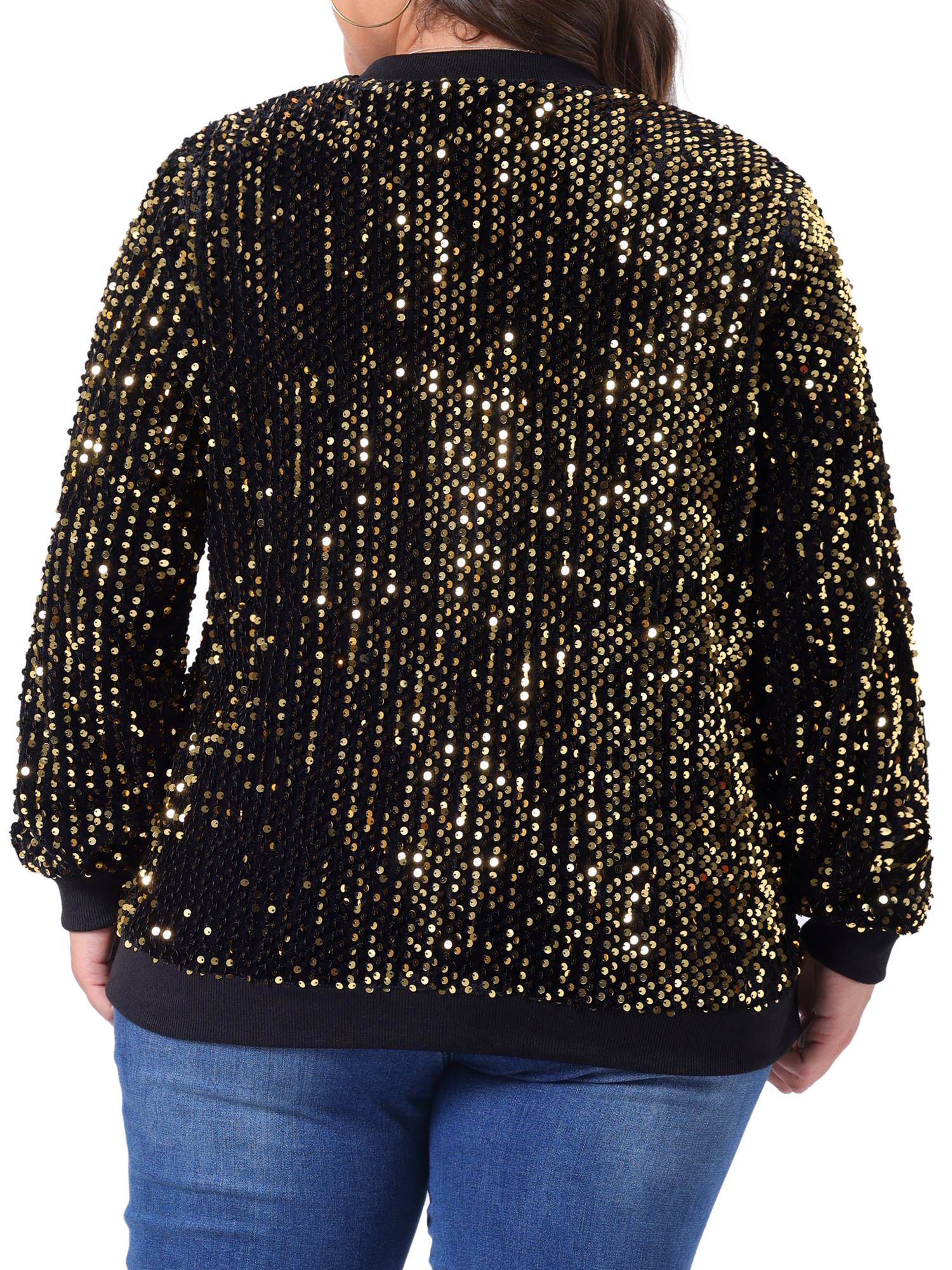DARING DIVA Plus Size Sequin Sparkle Long Sleeve Front Zip Bomber Jacket 2X Gold
