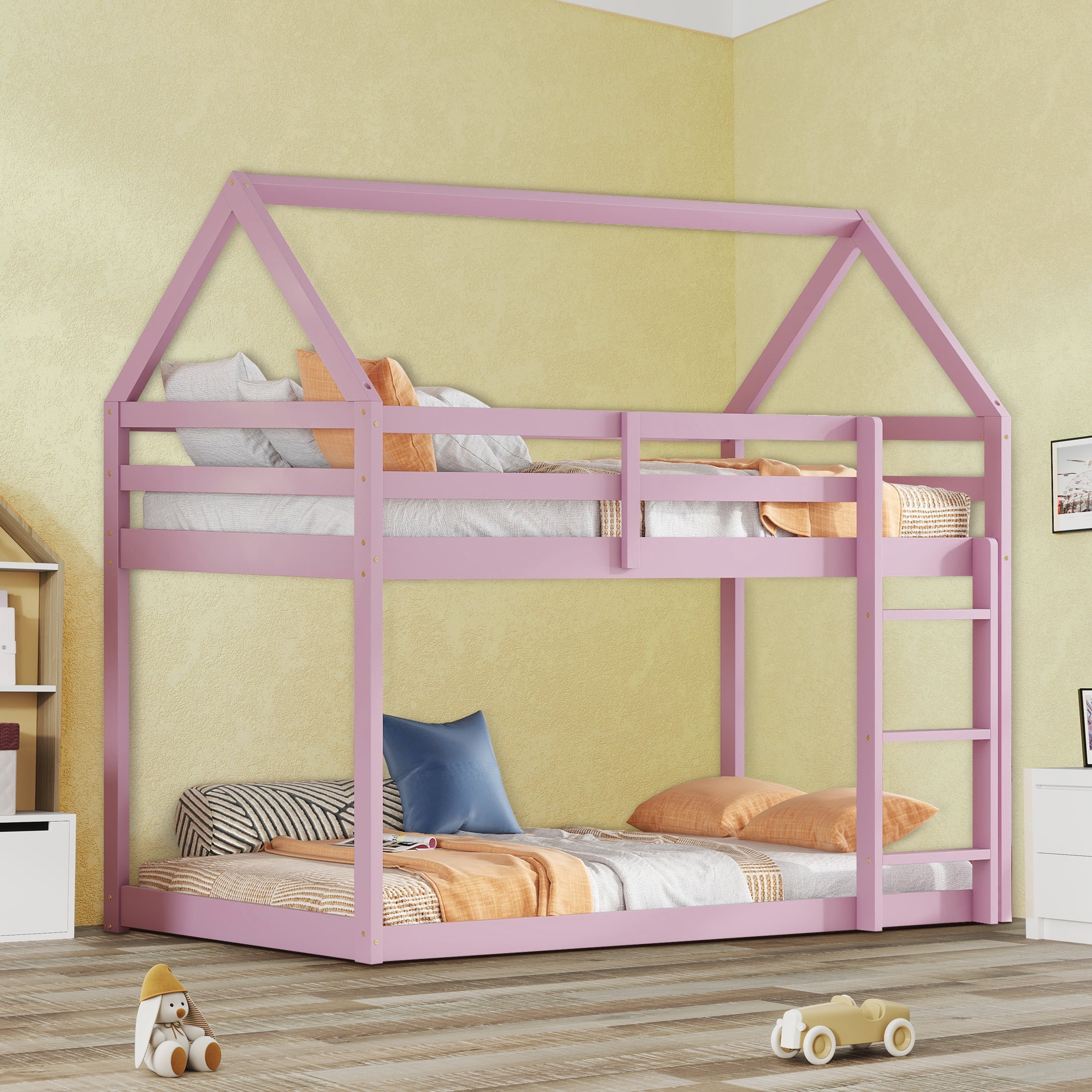 Aukfa Bunk Bed Twin Over Twin, Junior Wooden Floor House Bunk Bed Frame for Kids Boys Girls, Pink