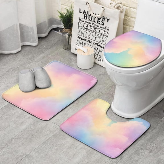 Dreamy Pastel Sky Bathroom Rugs Sets 3 Piece,Toilet Cover Set,Absorbent Non Slip Bathroom Mats Sets with U-Shaped Contour Rug Toilet Rug Set