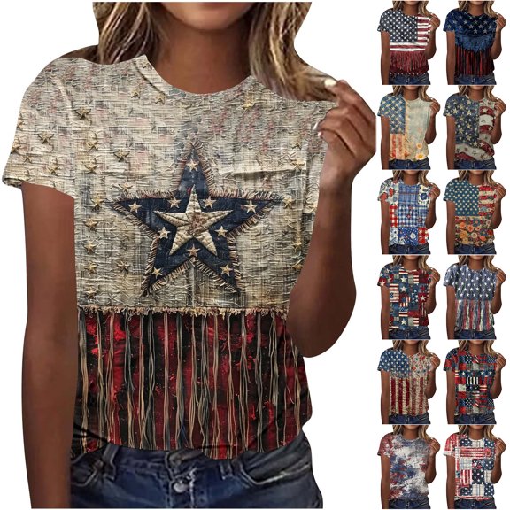JTZGDY Women Patriotic Shirts Plus Size Casual 4th of July American Flag Printed Summer Short Sleeve Oversized Crewneck Basic Workout Tees Shirt Trendy Holiday Outfit Clothes Multicolor#01 M