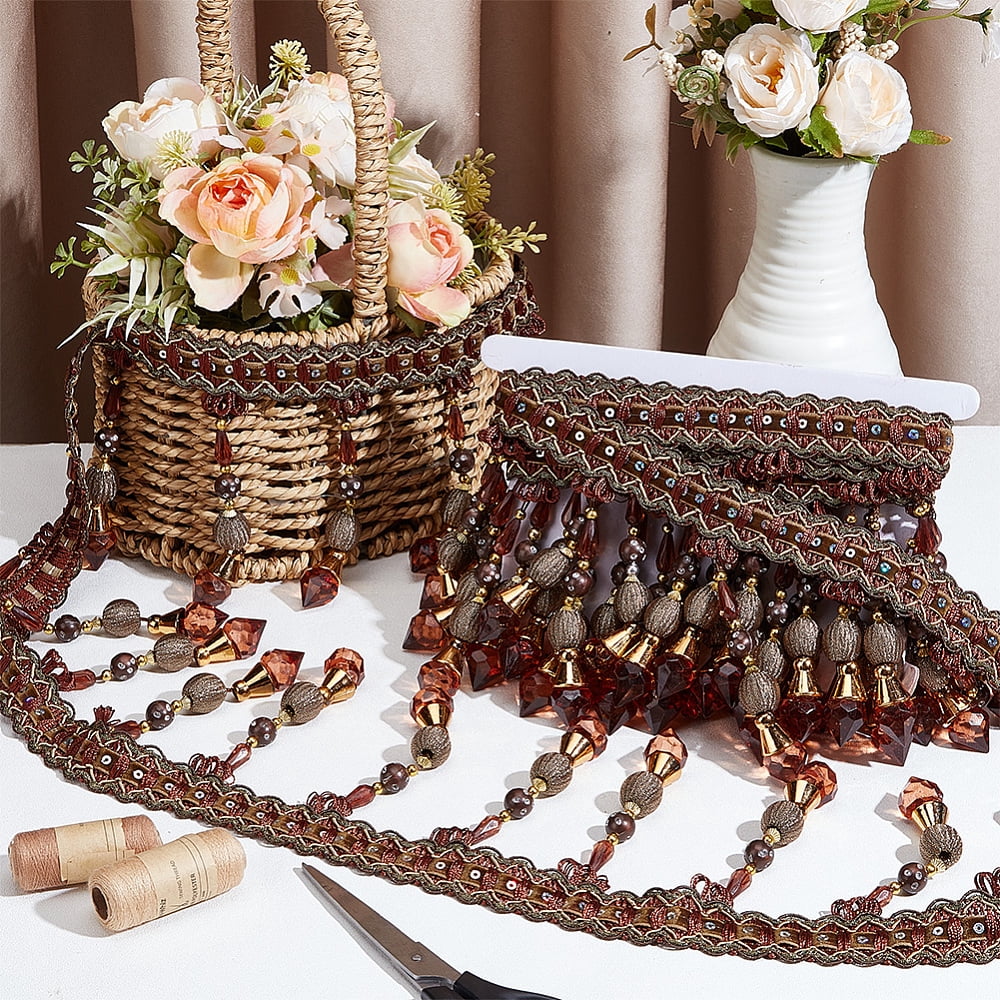 4M Polyester Fringe Lace Ribbon Glass Beads Tassel Trimming for Curtain Home Decoration Sandy Brown 5-1/8 inch(130mm) DIY