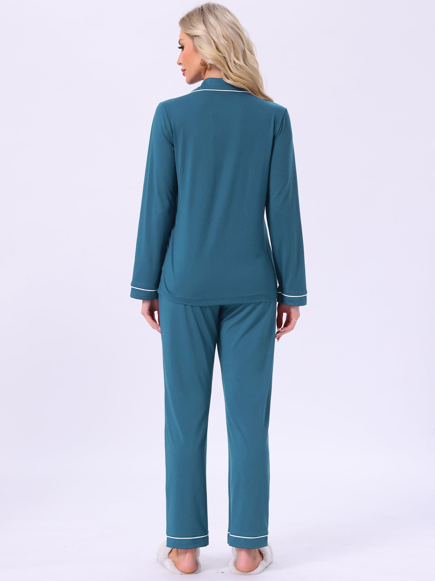 DARING DIVA Women's Pajama Set Button Down Long Sleeve Tops and Pants L Blue