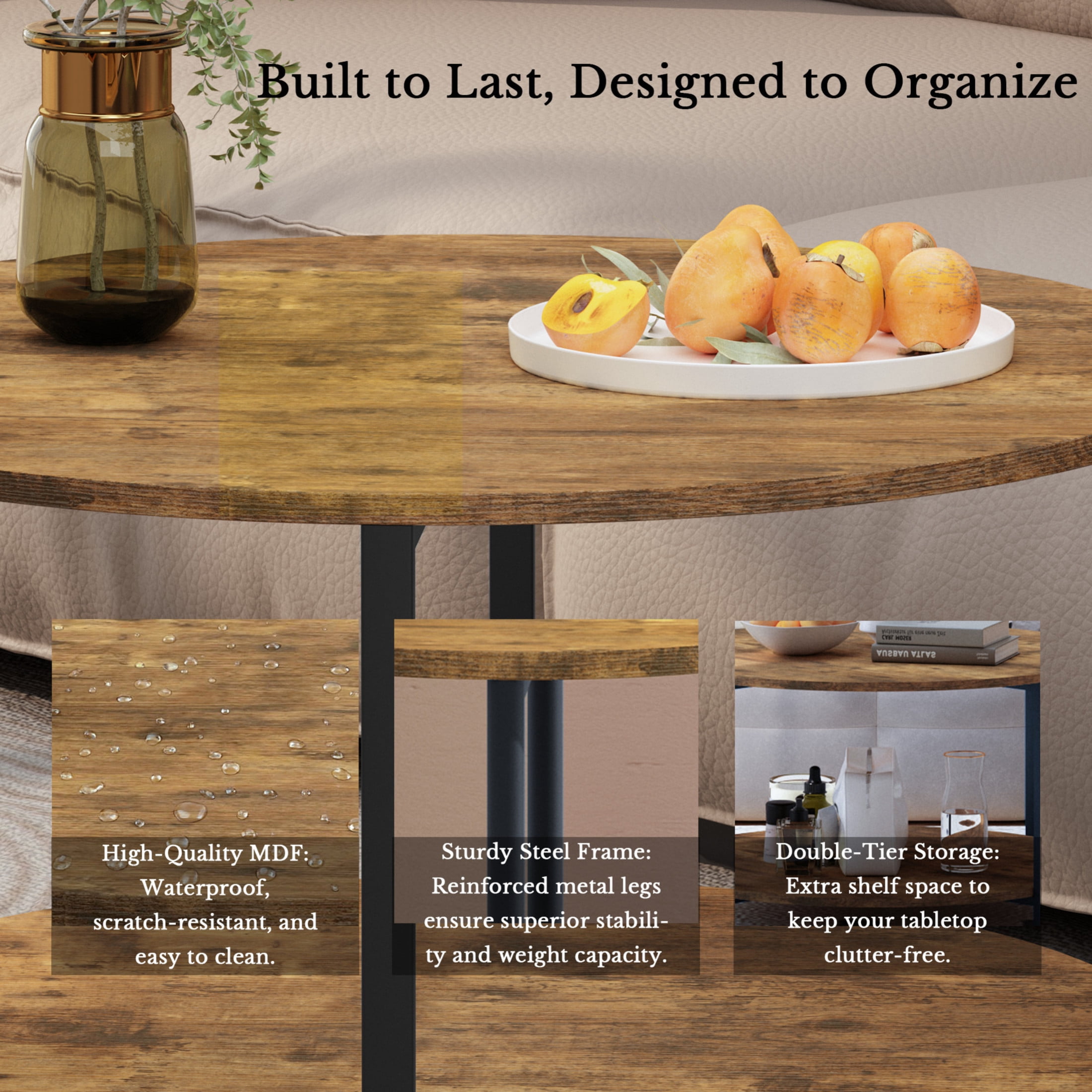 Noble House 3-Piece Coffee Table and End Table Set, Modern Industrial Farmhouse Living Room Set, Rustic Brown