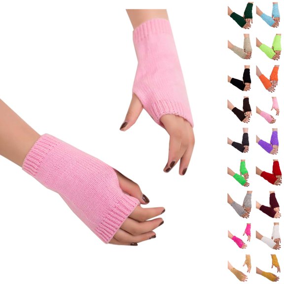 Fgnfyis Winter Gloves for Women Girl Fingerless Warm Knitted Winter Solid Color Soft Arm Sleeves Mittens Pink