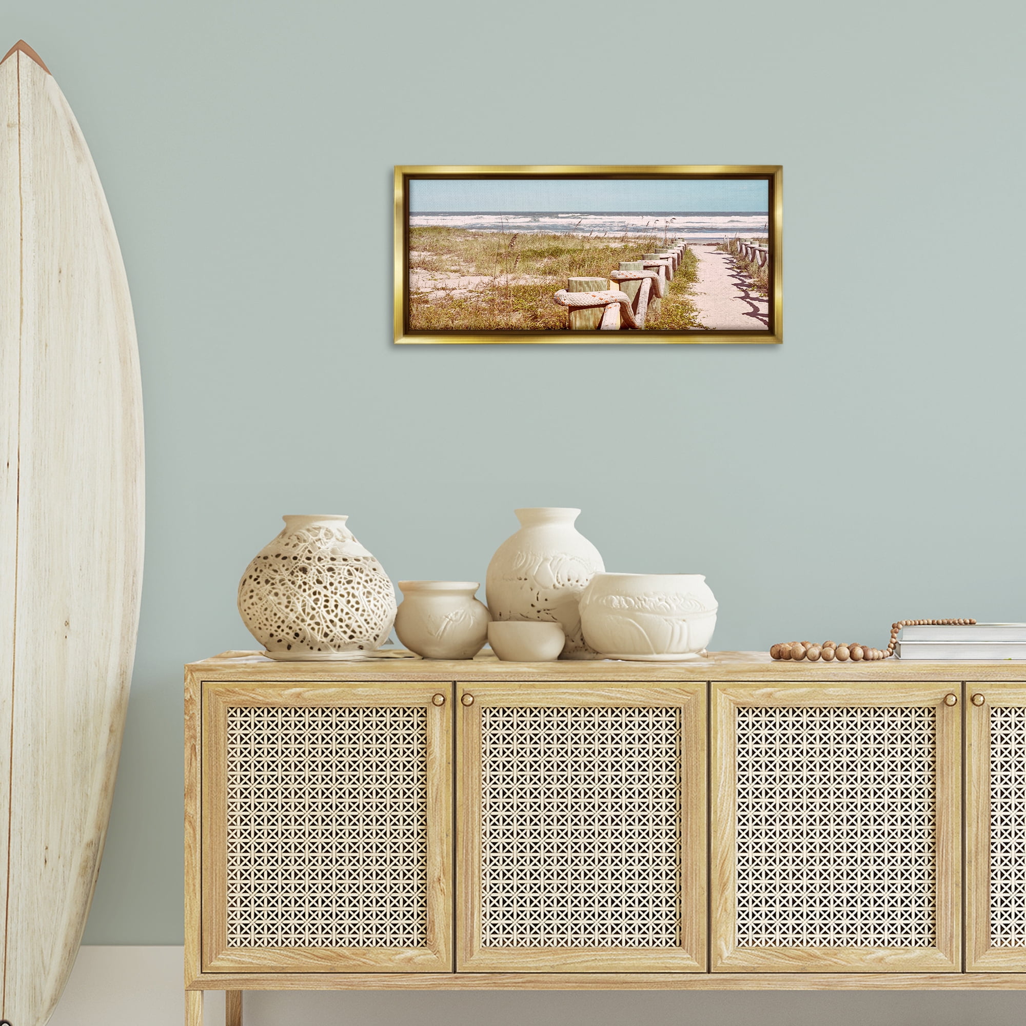 Stupell Industries Eastern Beach Walkway Landscape Photography Gold Floater Framed Canvas Art Print Wall Art, 31 x 14