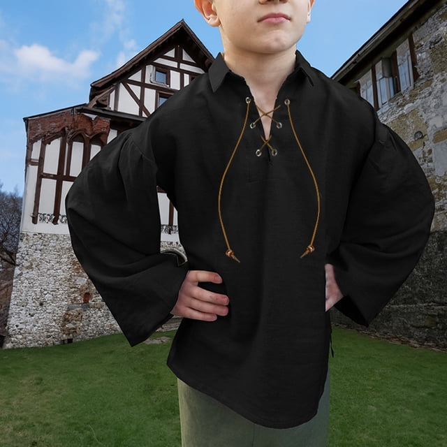 MIASHUI Hauts Garçons Chemise Garçon Tout-Petit Renaissance à Lacets Halloween Écossais Jacobite Hauts Classiques Noir,12-14 Ans