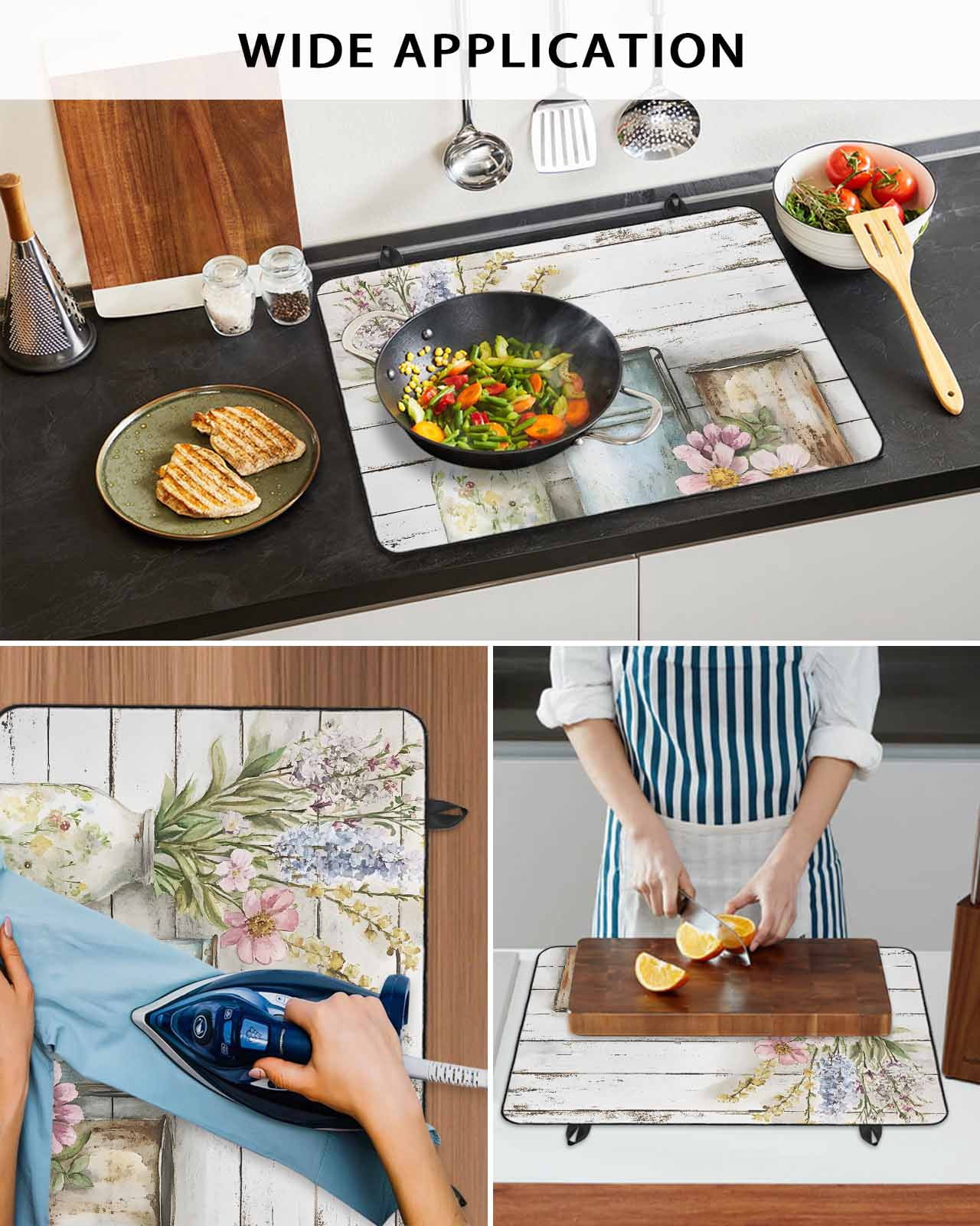 nqOlkjepod Large Induction Cooktop Protector Mat 24"x21", Farm Flowers Stove Top Covers for Electric Stove, Daisies Lavender Botanical Art Peony Wooden Stove Burner Cover Mats, Glass Top Stove Cover