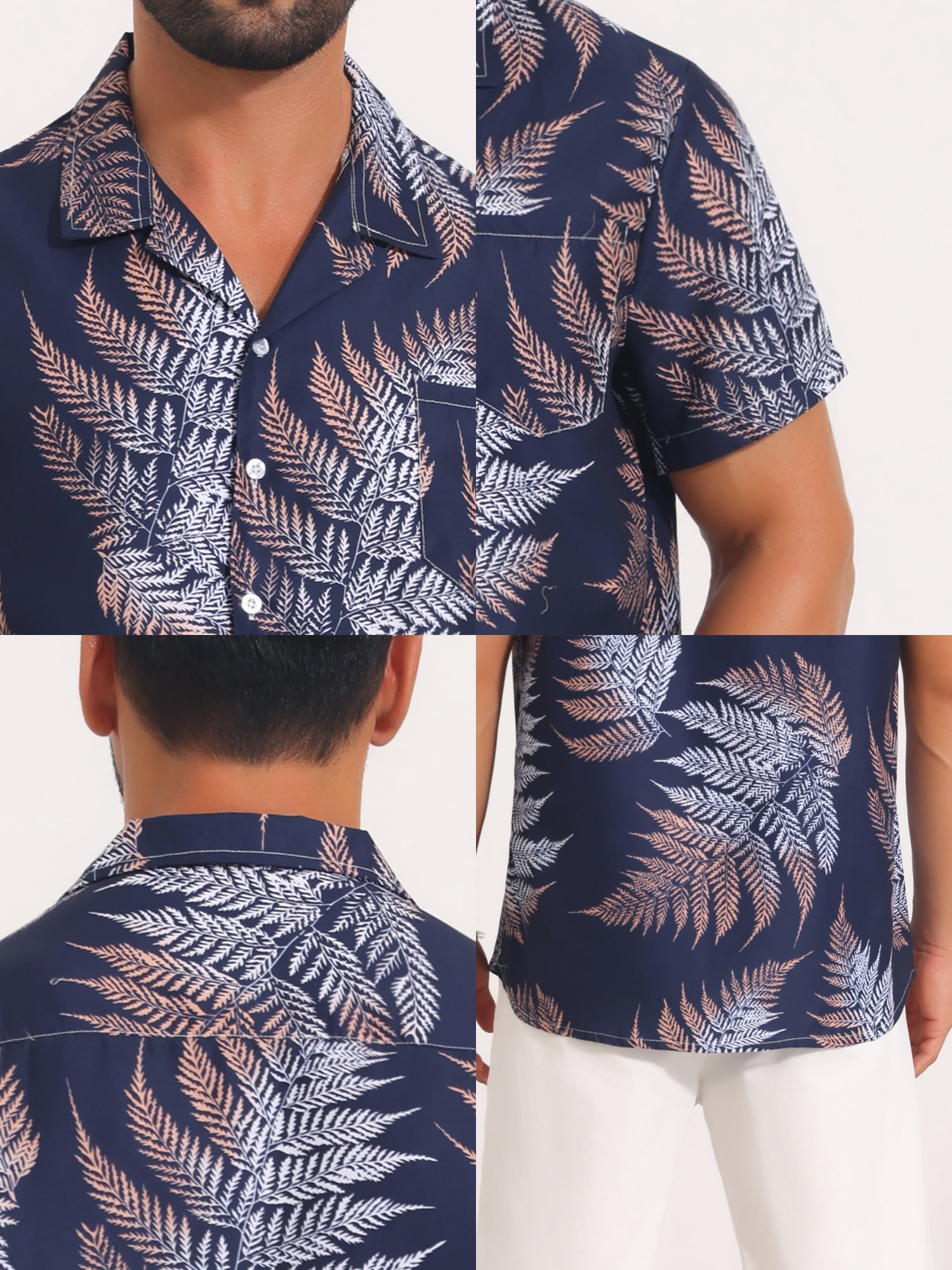DARING DIVA Men's Short Sleeve Button Down Camp Collar Leaf Print Shirts XL Dark Blue
