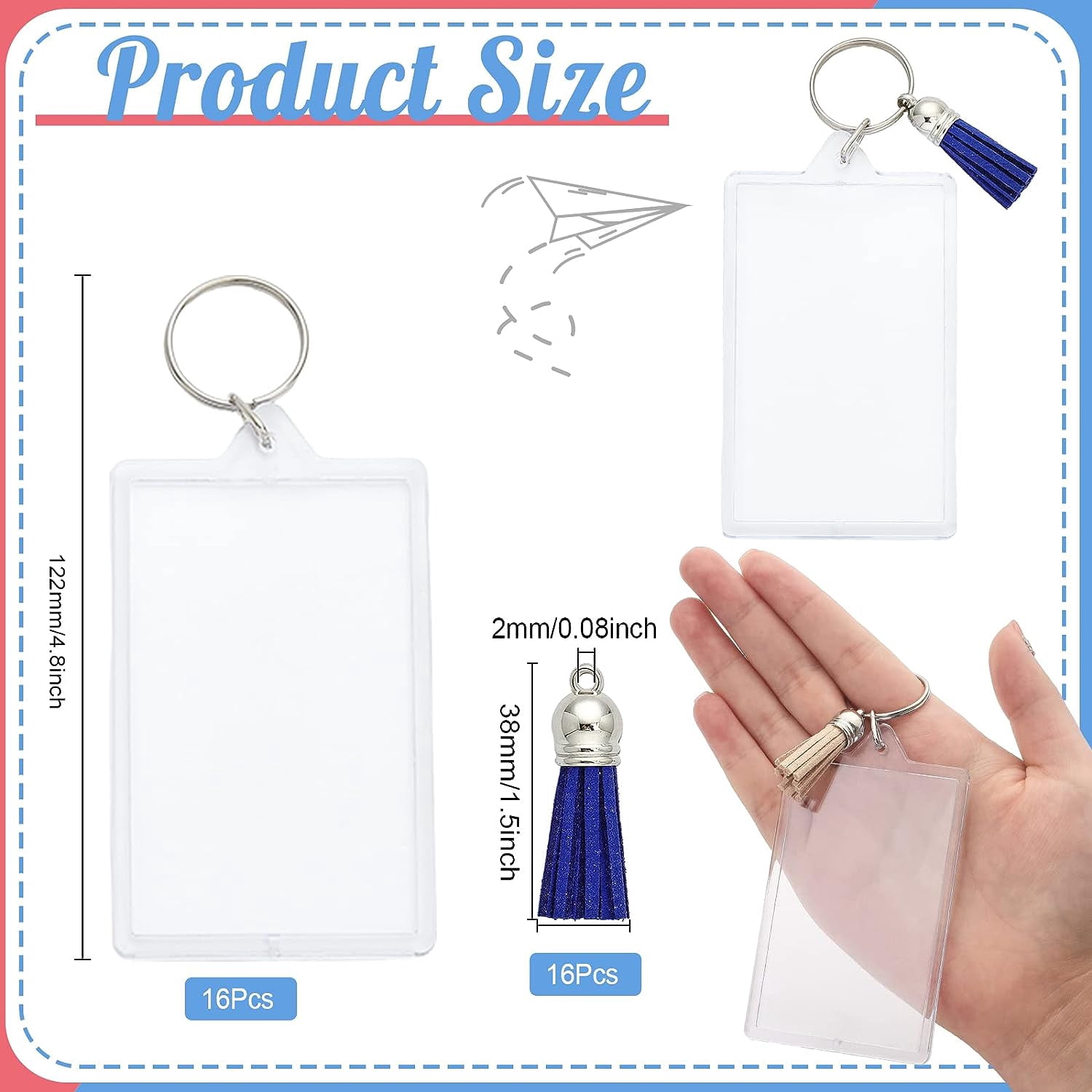 16Pcs Rectangle Acrylic Photo Frame Keychain with Iron Key Ring with 16Pcs 8 Colors Suede Tassels Mixed Color 3.8~12.2x1cm