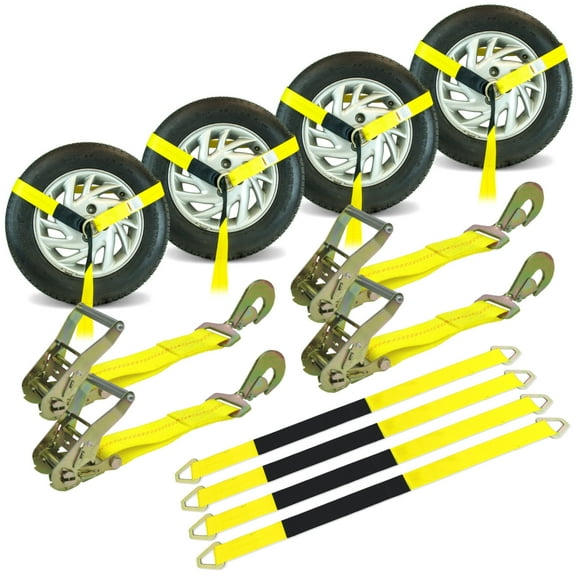 VULCAN Economy Car Tie Down Kit, 4 Lasso Straps, 4 Snap Hook Ratchets, 4 36 inch Axle Straps, 3300 Lbs SWL