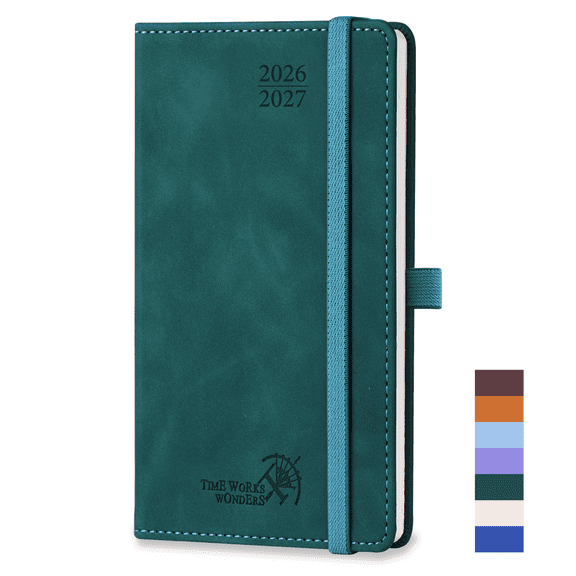 POPRUN Pocket Planner 2026-2027, 3.5" x 6.5", 17-Month (Aug 2026 - Dec 2027) Academic Pocket Calendar Book for Purse, Weekly and Monthly Layouts, Vegan Leather Hardcover - Petrol