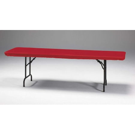 Red 8' Banquet Stay Put Elastic Fitted Plastic Tablecloth