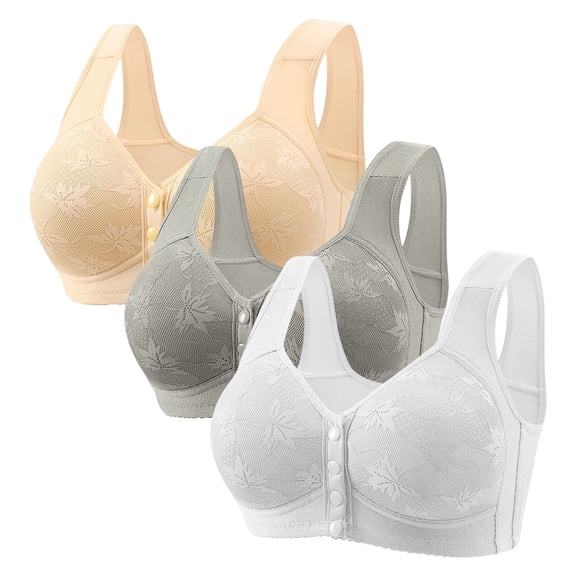 VISALY Front Closure Bras for Women Push Up Bras Plus Size Bralettes for Senior Lace Everyday Bras Button Up Bras Beige L