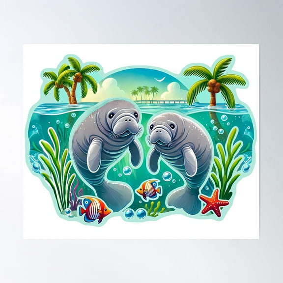 Manatee Tropical Scene Poster Wall Art, Modern Wall Decor For Living Room Bedroom, 8x12 UNFRAMED