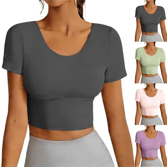 Otntypg Crop Tops for Women Short Sleeve Square Neck Basic Solid Color Going Out Tops Cute Shirts Athletic Yoga Tees for Women's Summer Y2k Fashion Pink M