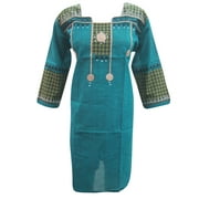 Mogul Ethnic Kurta Tunic Blue Printed Cotton Bohemian Dress Kaftan