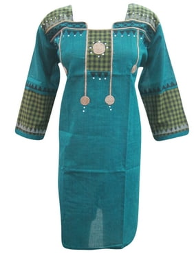 Mogul Ethnic Kurta Tunic Blue Printed Cotton Bohemian Dress Kaftan