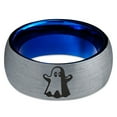thumbnail image 2 of Tungsten Scary Haunting Ghost Emoji Band Ring 8mm Men Women Comfort Fit Blue Dome Brushed Gray Polished, 2 of 4