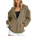 thumbnail image 2 of Dyfzdhu Zip up Hoodie for Women Fall Oversized Sweatshirt With Pocket Casual Drawstring Solid Color Long Sleeve Jacket Khaki, 2 of 5